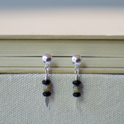 Sterling Silver Hollow Dome Post Earrings with Black Onyx and Petoskey Stone Drop Dangle