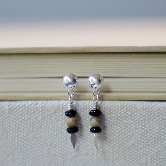 Sterling Silver Hollow Dome Post Earrings with Black Onyx and Petoskey Stone Drop Dangle