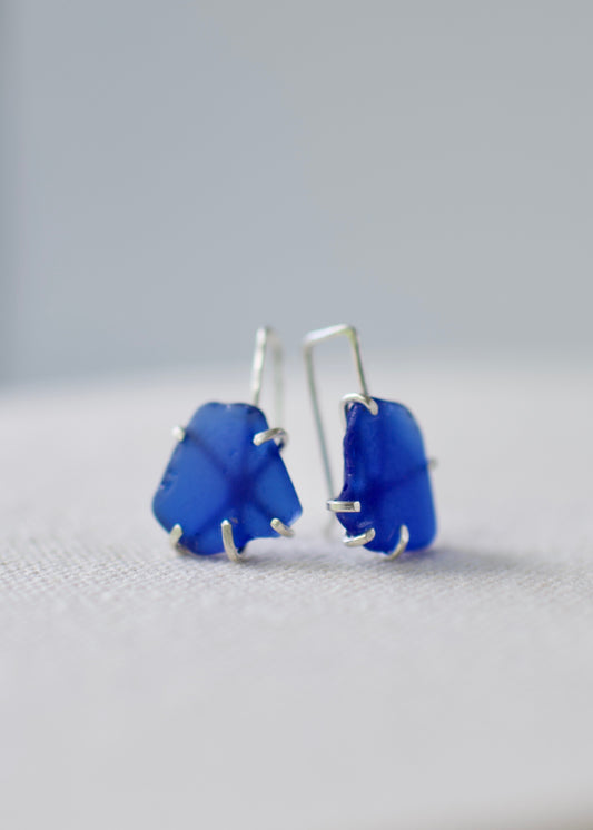 Ethereal Blue Beach Glass Prong Set Threader Earrings