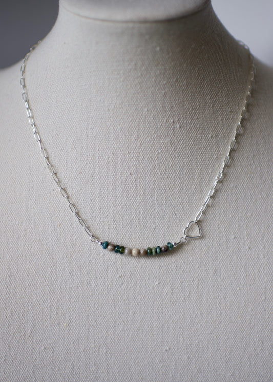 Sterling Silver Paperclip Chain with Petoskey Stone and Moss Agate Morse Code Bead Bar LOVE Necklace