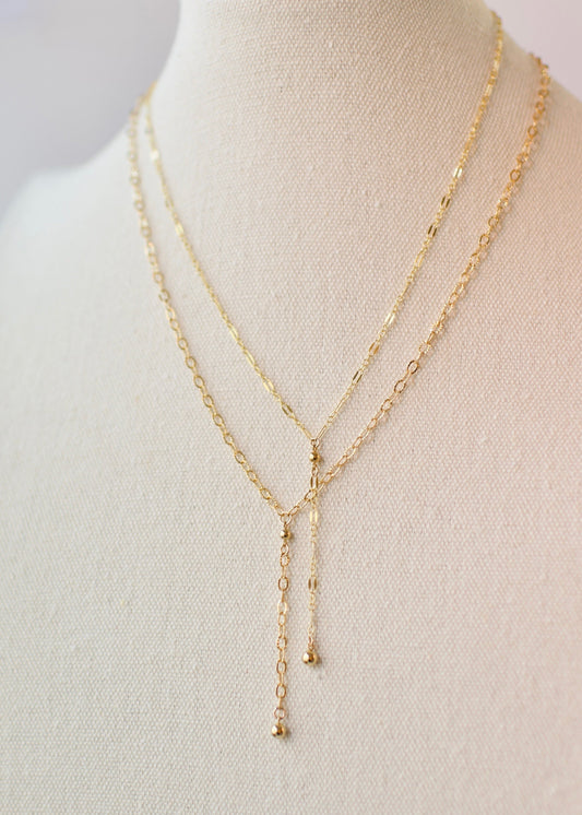 Y Necklace in 14k USA Gold Fill with Gold Fill Ball Accents- Sparkle Pattern Oval or Long and Short Dapped Chain