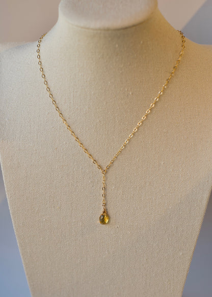 Y Choker in 14k USA Gold Fill Sparkle Pattern Chain with Citrine Tear Drop