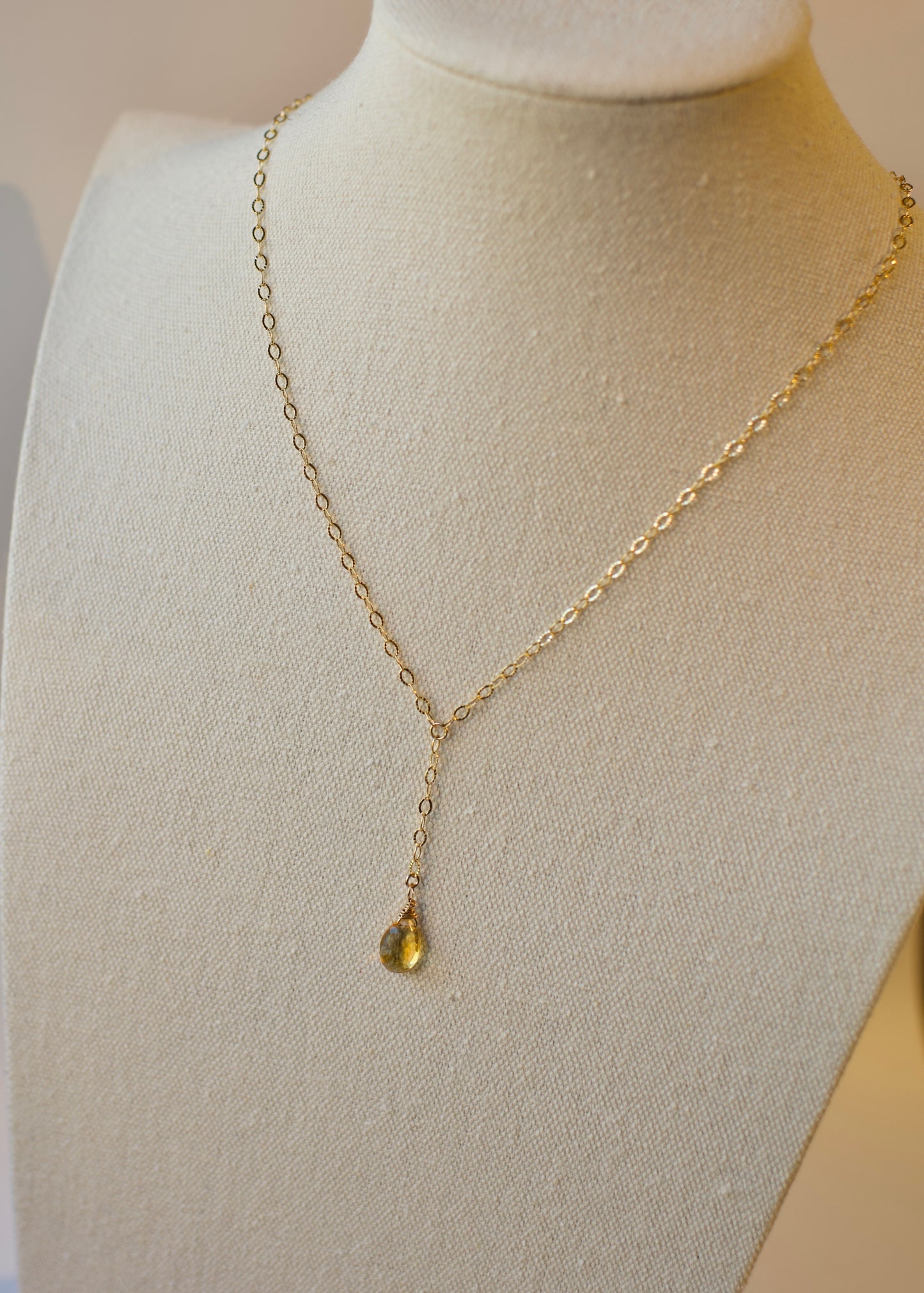 Y Choker in 14k USA Gold Fill Sparkle Pattern Chain with Citrine Tear Drop