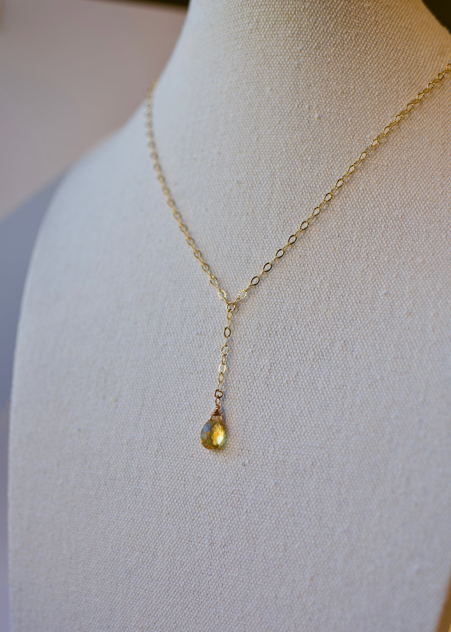 Y Choker in 14k USA Gold Fill Sparkle Pattern Chain with Citrine Tear Drop