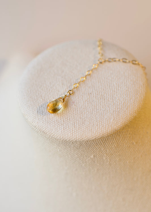 Y Necklace in 14k USA Gold Fill Sparkle Pattern Chain with Citrine Tear Drop