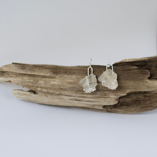 White Beach Glass Prong Set Earrings