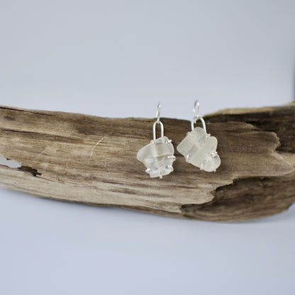 White Beach Glass Prong Set Earrings