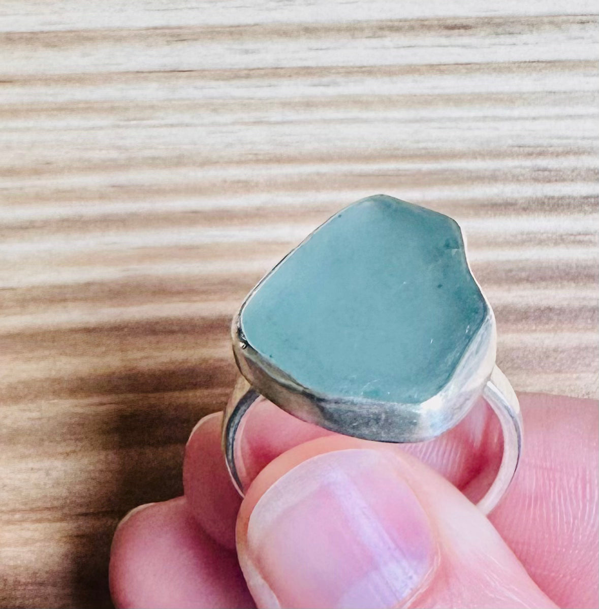 Authentic, Teal Beach Glass and Sterling Silver Ring - Size 8.5