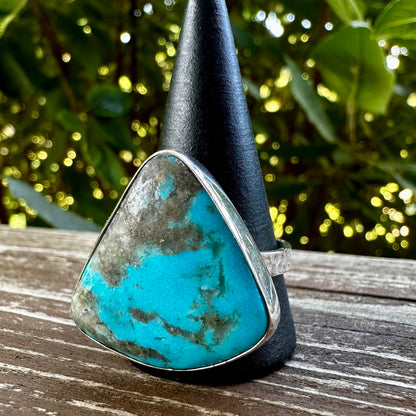 Natural Kingman Turquoise Triangle Sterling Silver Ring Size 10.5