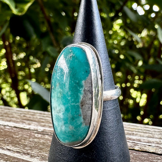 Compitos Dark Blue Green Turquoise Oval Stone in Sterling Silver Ring Size 6.75