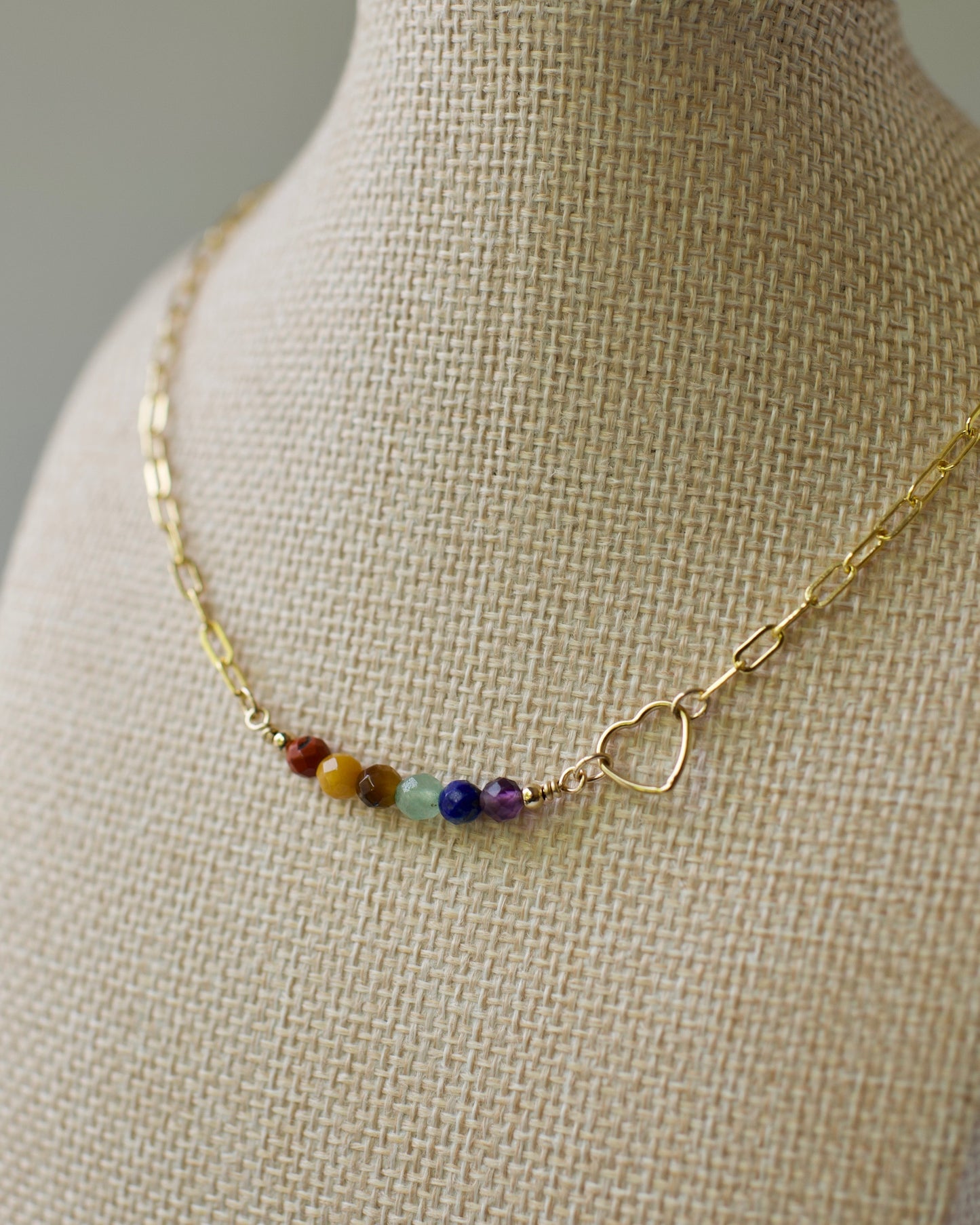 Rainbow Love Natural Stone Bead Bar on paperclip 14k USA Gold Fill Paperclip Chain