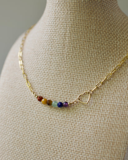 Rainbow Love Natural Stone Bead Bar on paperclip 14k USA Gold Fill Paperclip Chain