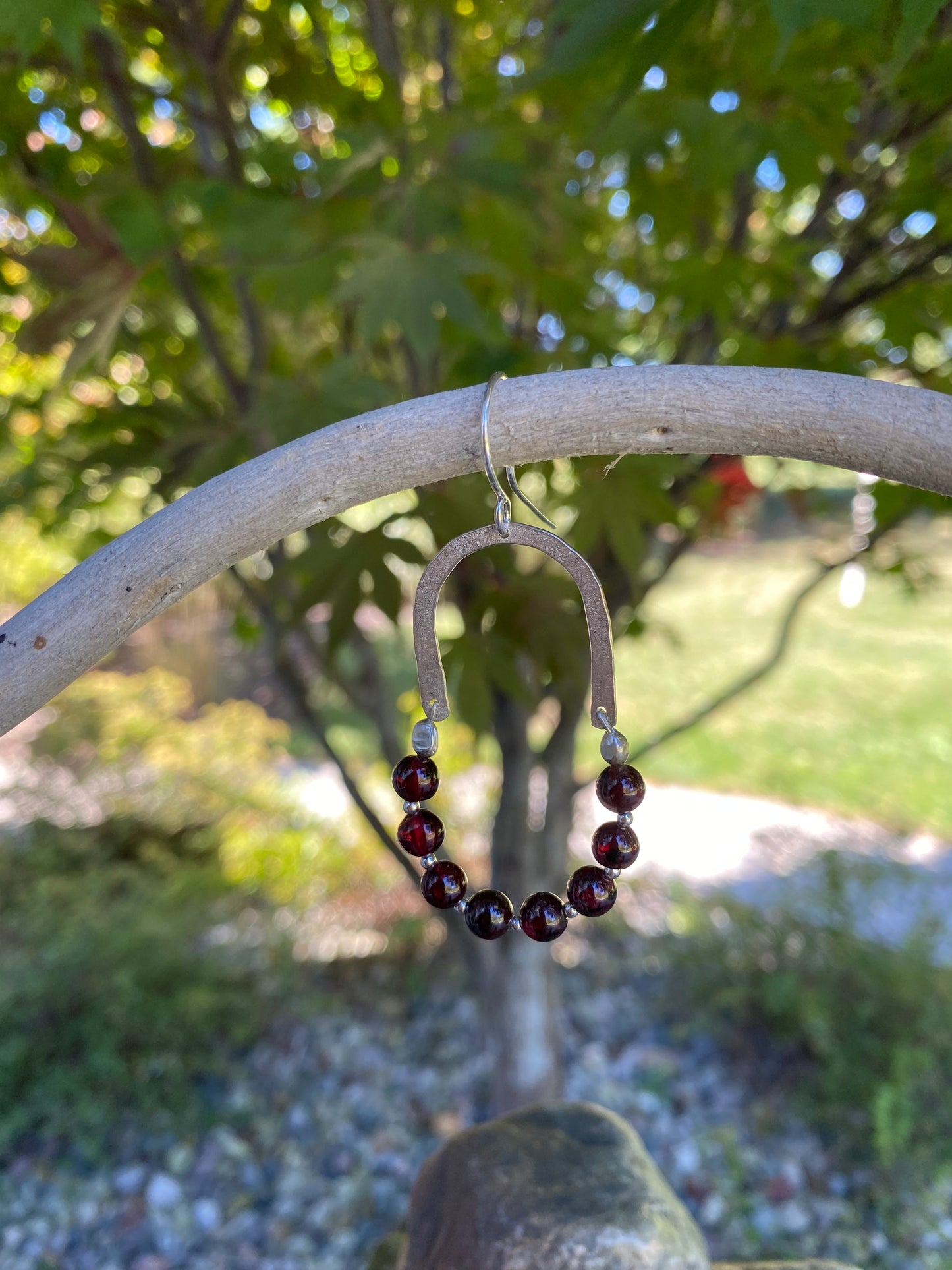 Hand Hammered Sterling Silver Arch Dangle with Garnet and Sterling Silver Beads