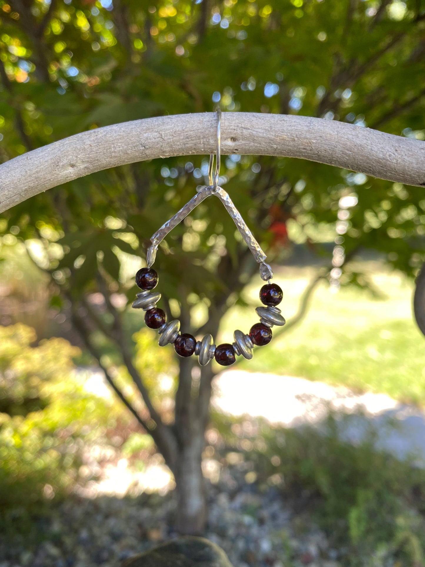 Hand Hammered Sterling Silver Dangle with Garnet and Sterling Silver Saucer Beads