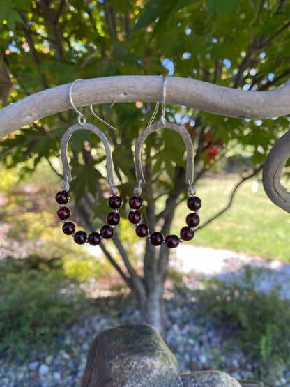 Hand Hammered Sterling Silver Arch Dangle with Garnet and Sterling Silver Beads