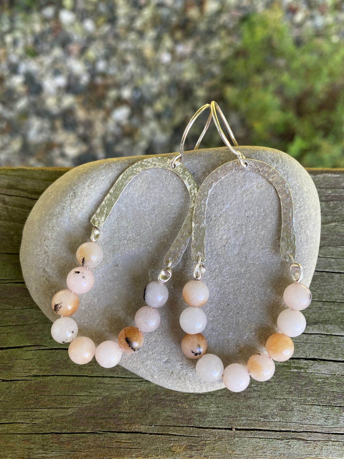 Hand Hammered Sterling Silver Arch Dangle with Pink Opal Beads