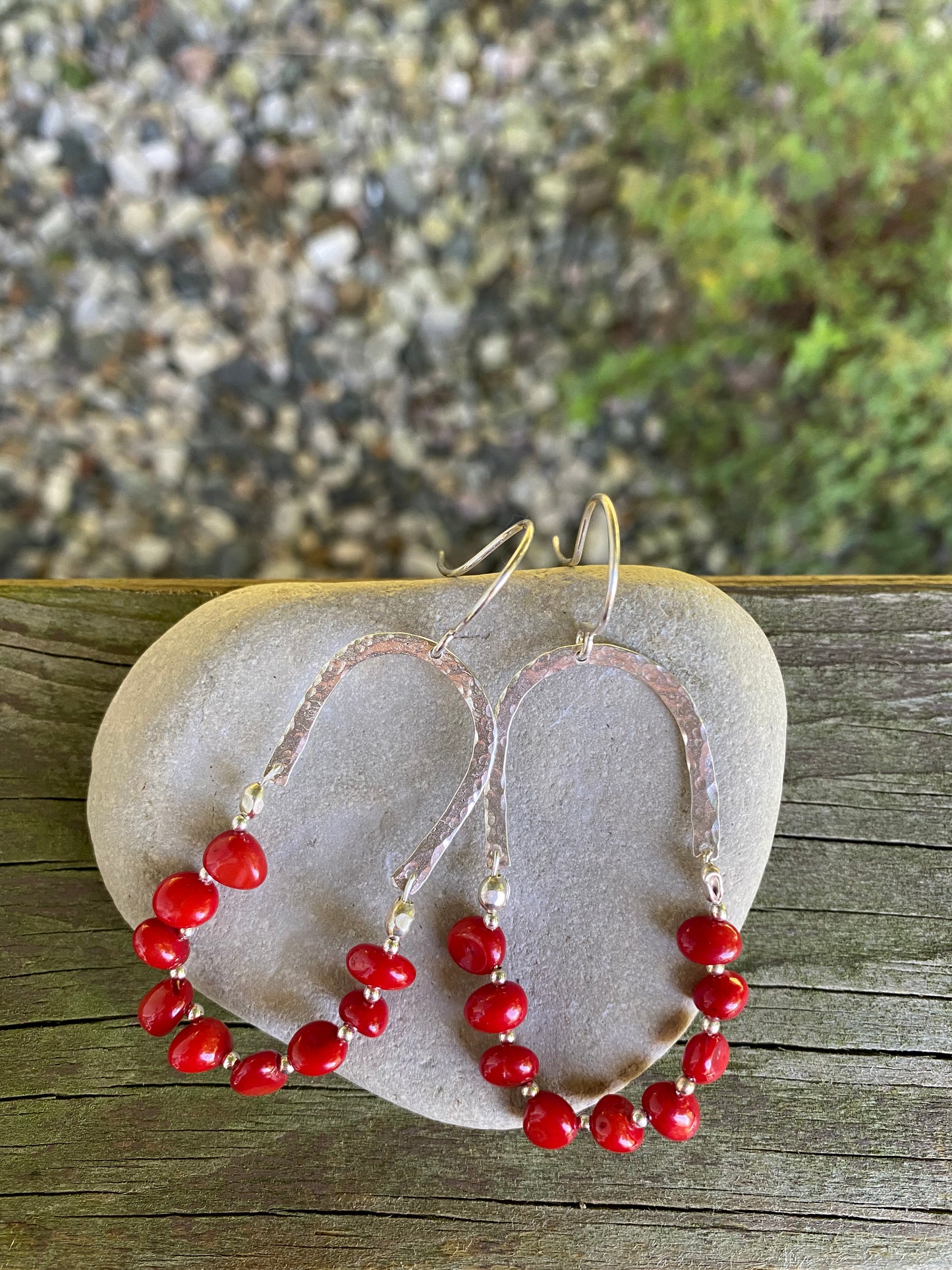 Hand Hammered Sterling Silver Arch Dangle with Bamboo Coral and Sterling Silver Beads