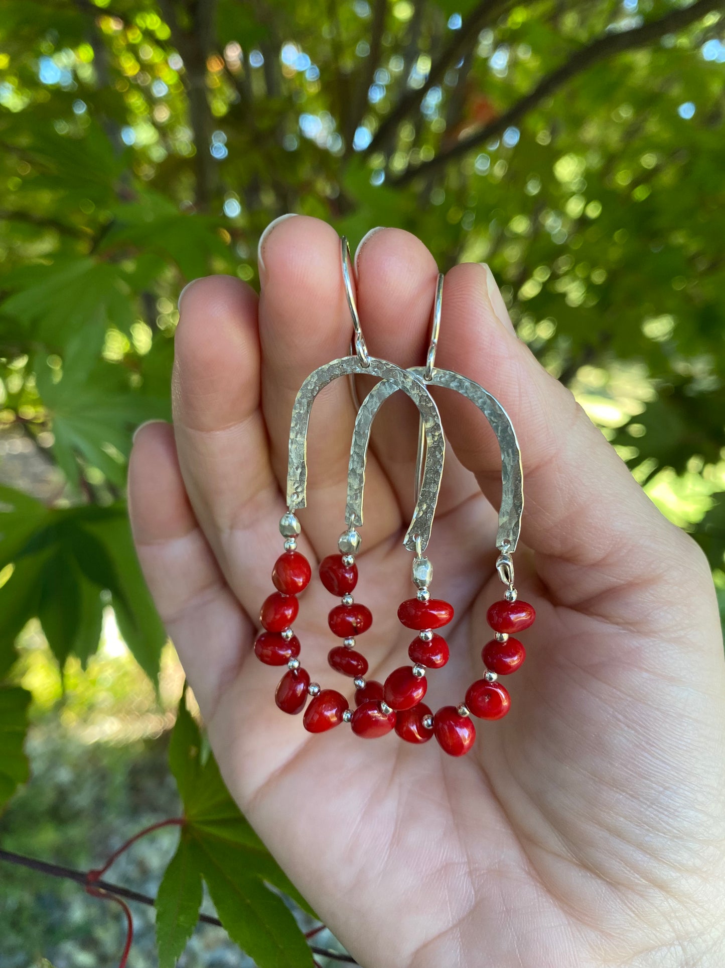 Hand Hammered Sterling Silver Arch Dangle with Bamboo Coral and Sterling Silver Beads